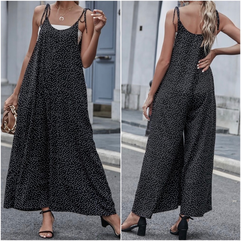 Boho Polka Dot Pocket Wide leg Jumper Jumpsuit - Picture 2 of 4